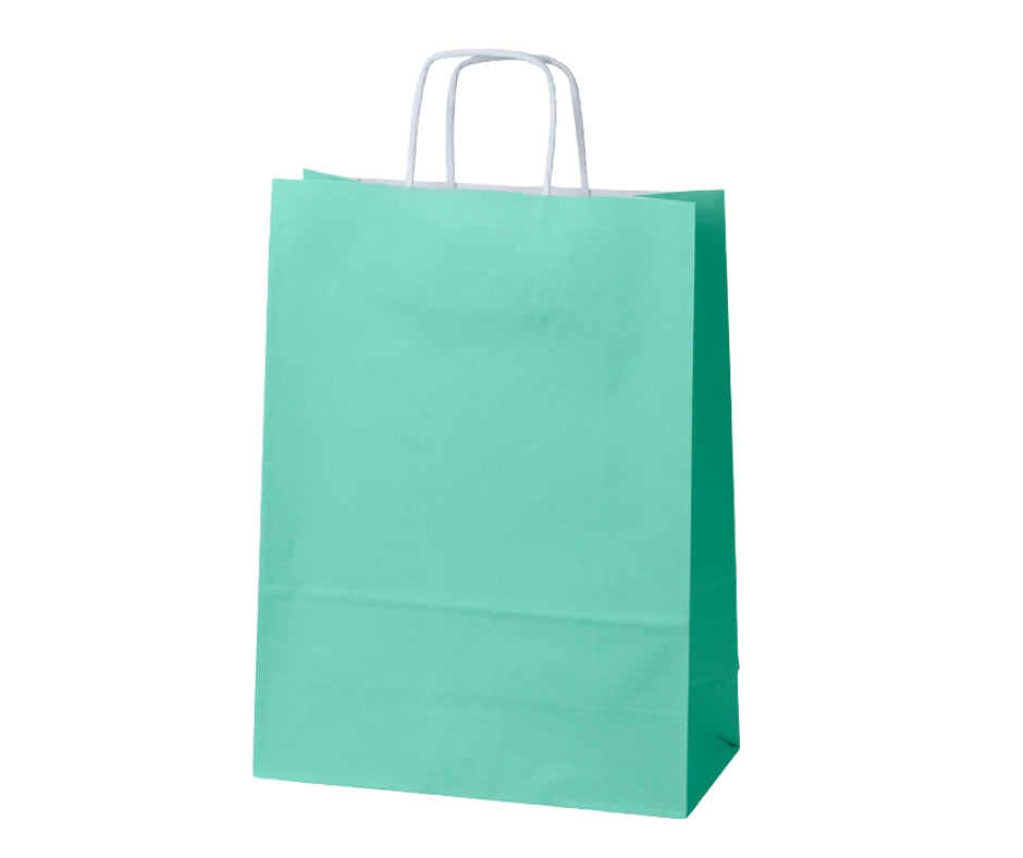 Torba papierowa zielona pastelowa 240x100x320 mm z uchwytem skręcanym, do pakowania prezentów lub produktów w sklepie