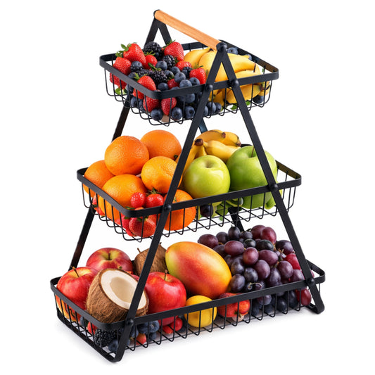 Kosz na owoce i warzywa - 3 POZIOMY METALOWY CZARNY STOJAK LOFT PATERA ORGANIZER KUCHENNY