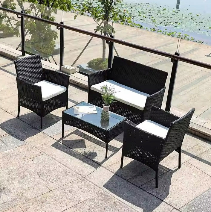 BLACK RATTAN GARDEN FURNITURE 4-SEATER SET - SOFA + CHAIRS + TABLE 