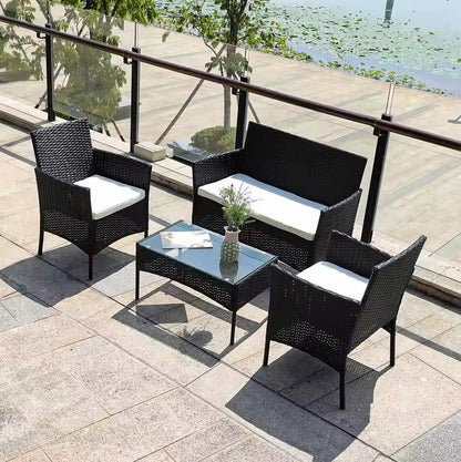 BLACK RATTAN GARDEN FURNITURE 4-SEATER SET - SOFA + CHAIRS + TABLE 