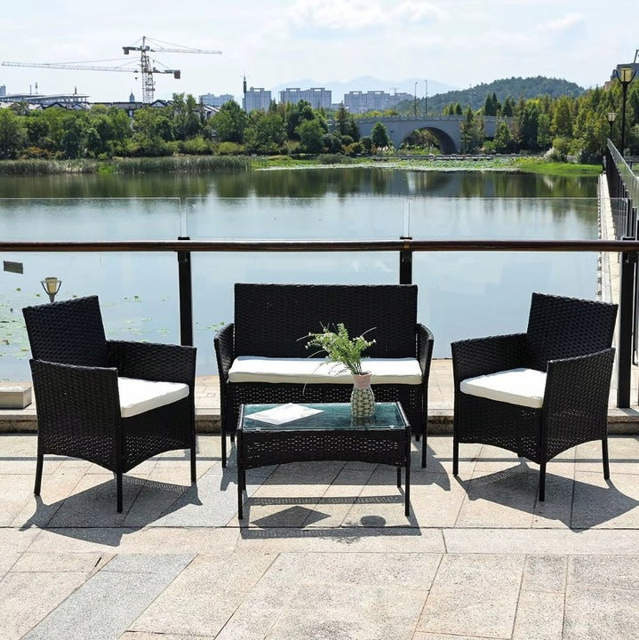 BLACK RATTAN GARDEN FURNITURE 4-SEATER SET - SOFA + CHAIRS + TABLE 
