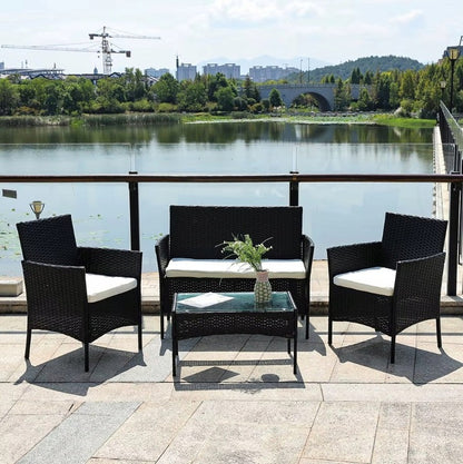 BLACK RATTAN GARDEN FURNITURE 4-SEATER SET - SOFA + CHAIRS + TABLE 