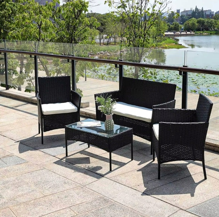 BLACK RATTAN GARDEN FURNITURE 4-SEATER SET - SOFA + CHAIRS + TABLE 