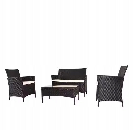 BLACK RATTAN GARDEN FURNITURE 4-SEATER SET - SOFA + CHAIRS + TABLE 