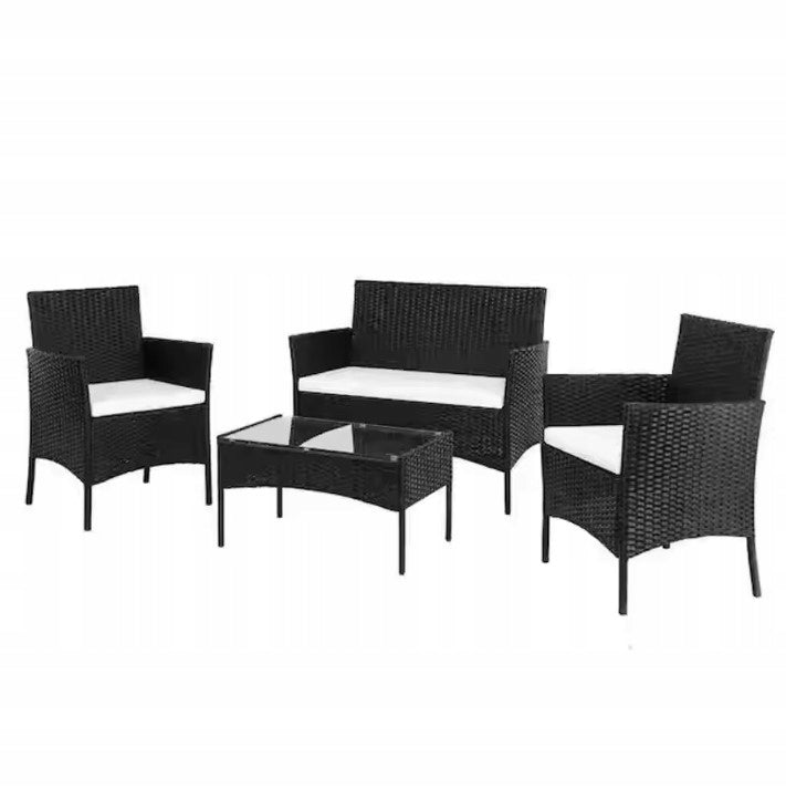 BLACK RATTAN GARDEN FURNITURE 4-SEATER SET - SOFA + CHAIRS + TABLE 