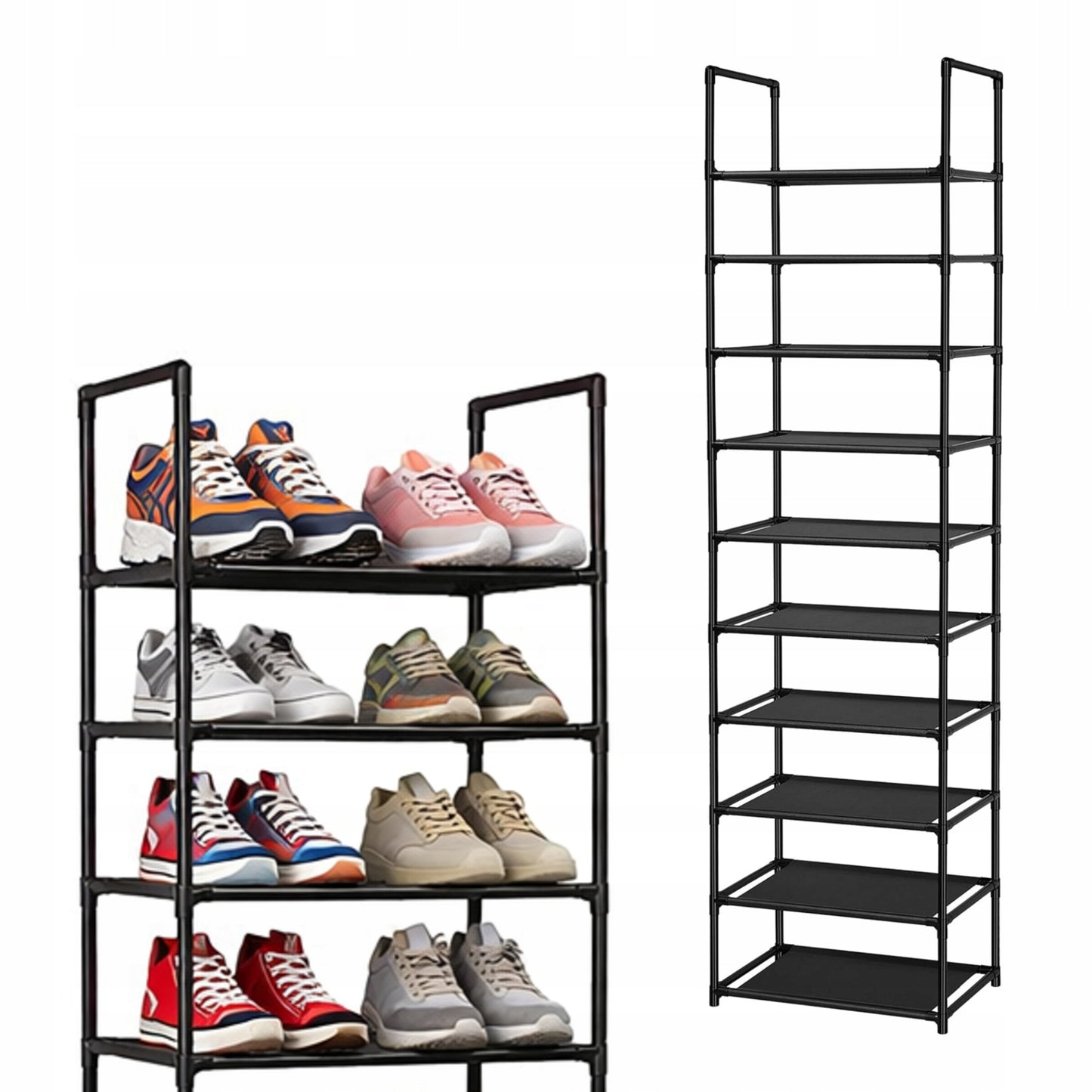 Stojak na buty 10 półek - METALOWY REGAŁ ORGANIZER NA OBUWIĘ, CZARNA SZAFKA DO PRZECHOWYWANIA