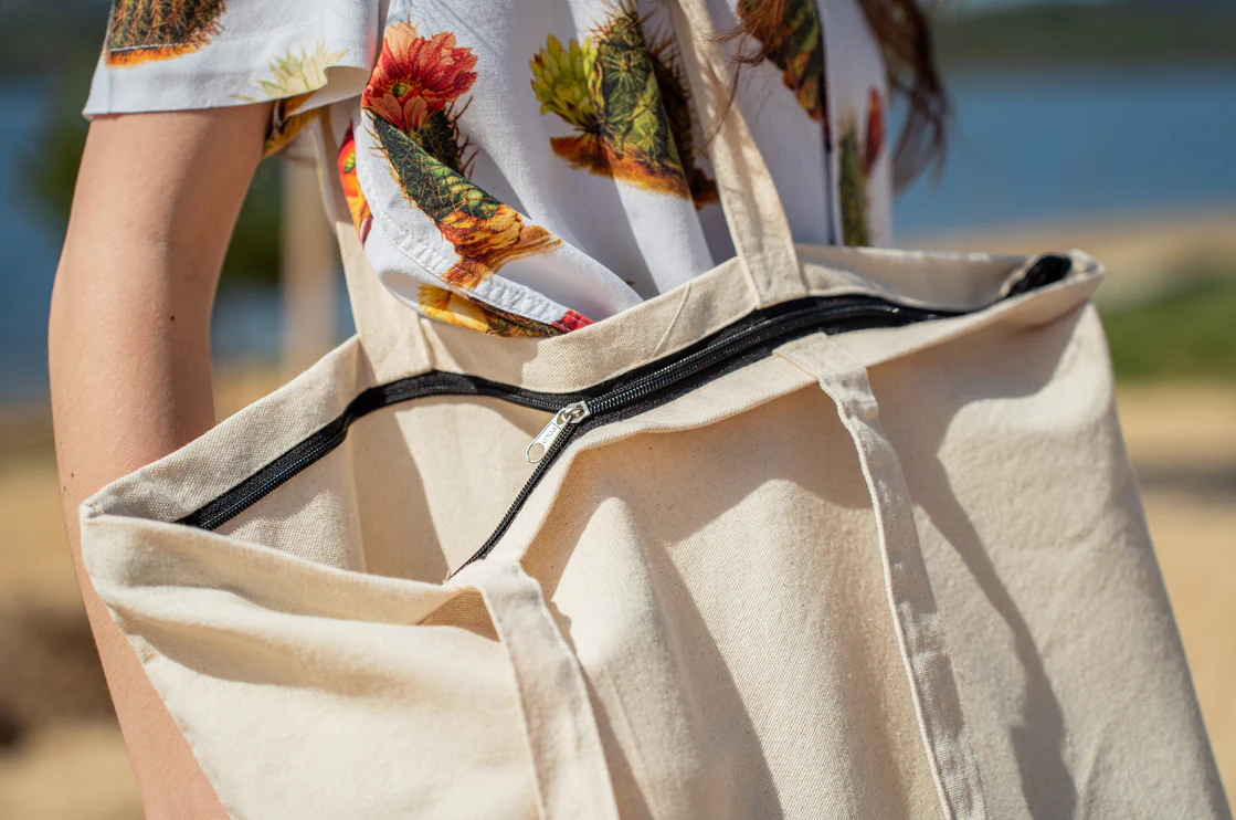 Torba bawełniana z ZAMKIEM 51cmx15cmx38cm ECRU  bardzo długi uchwyt  ECO