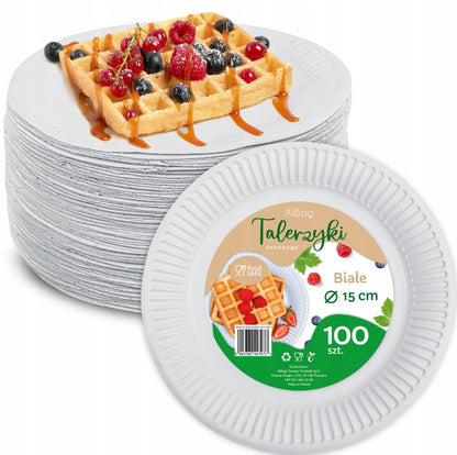 Talerz papierowy biały 15 cm, zestaw 100 sztuk, idealne na grilla, imprezy i catering