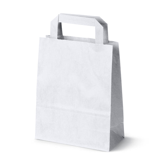 Torba papierowa biała 180x80x225 mm z płaskim uchwytem, idealna do pakowania drobnych zakupów lub jedzenia na wynos
