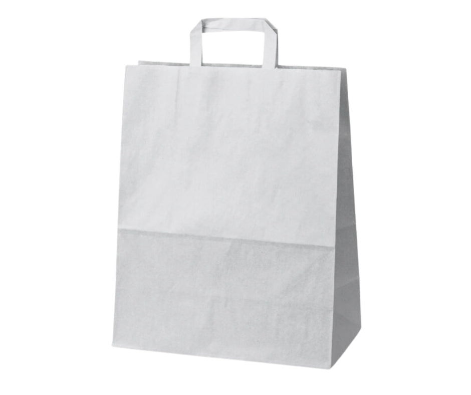 Torba papierowa biała 320x160x390 mm z płaskim uchwytem, wytrzymała torba do pakowania zakupów i produktów