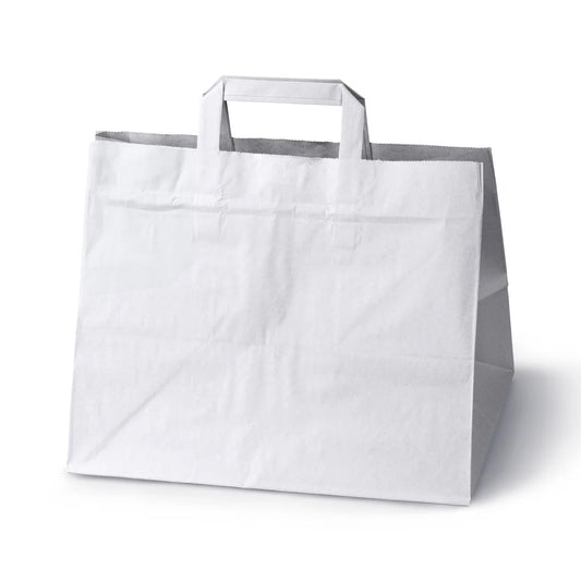 Torba papierowa biała 320x220x245 mm z płaskim uchwytem, idealna do pakowania jedzenia na wynos i zakupów